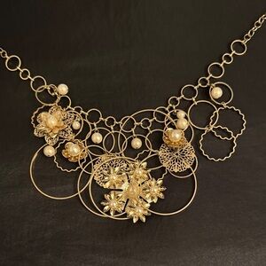 Gold Floral Statement Necklace with Pearl Accents